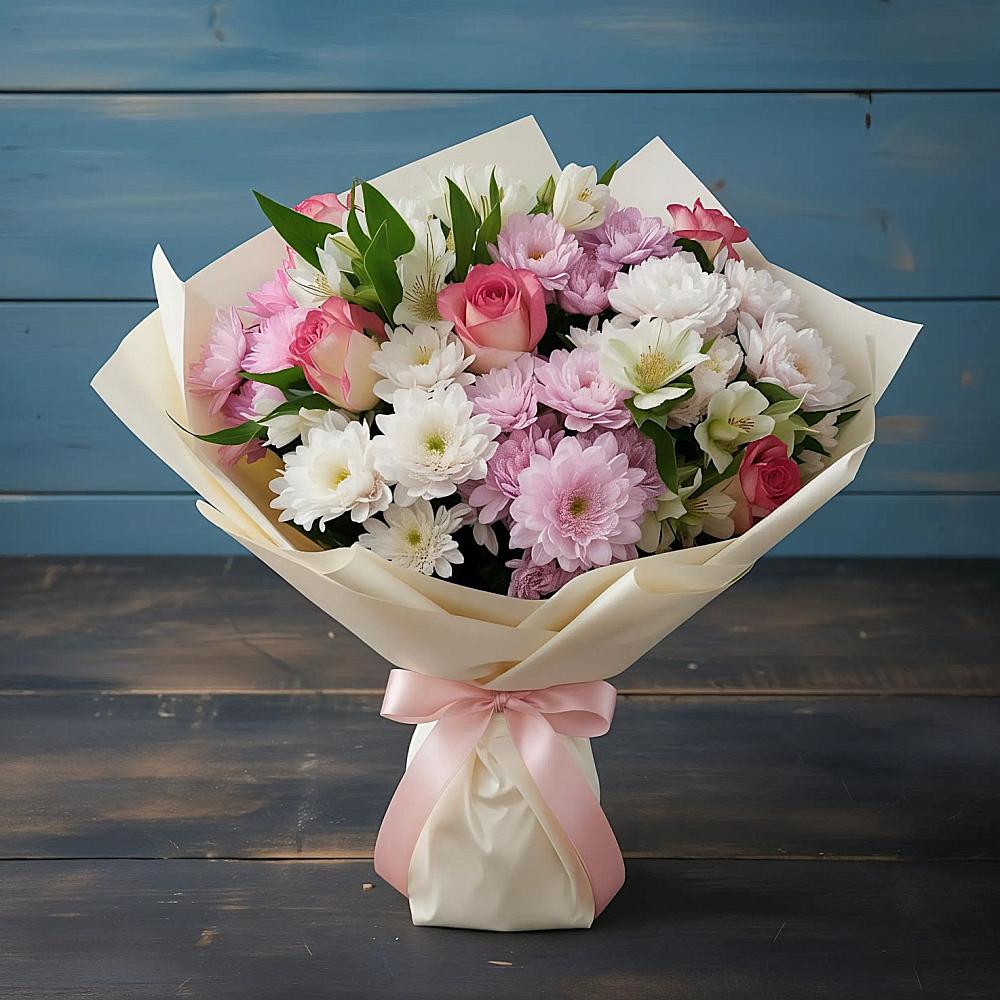 Букет цветов из: Хризантемы, Альстромерии и Розы в Горные Ключи